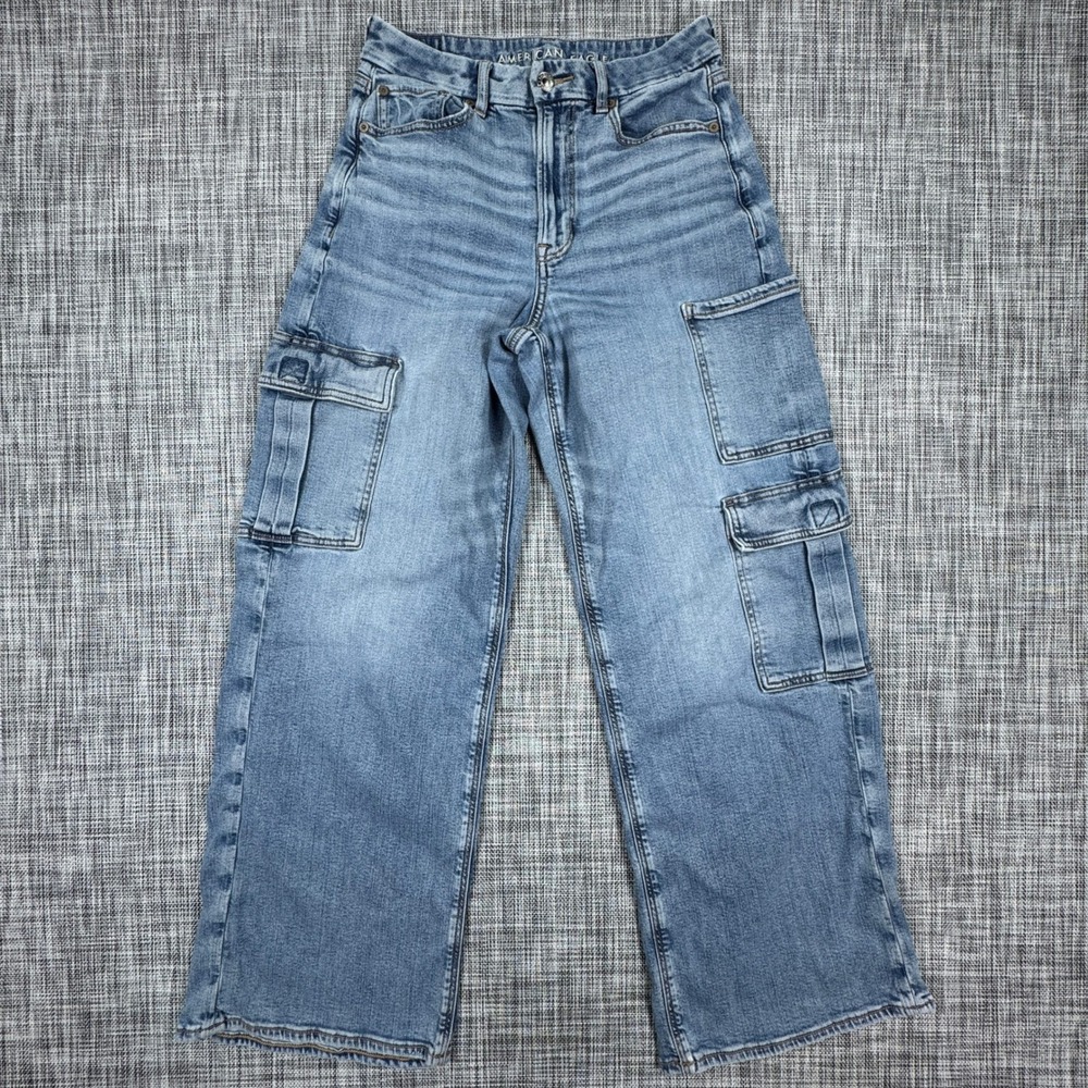 American Eagle Cargo Jeans Womens 6R Blue Curvy Super High Rise Baggy Wide Leg